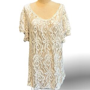 Lace sheer top Dress Barn plus size statement tulip flutter short‎ sleeves